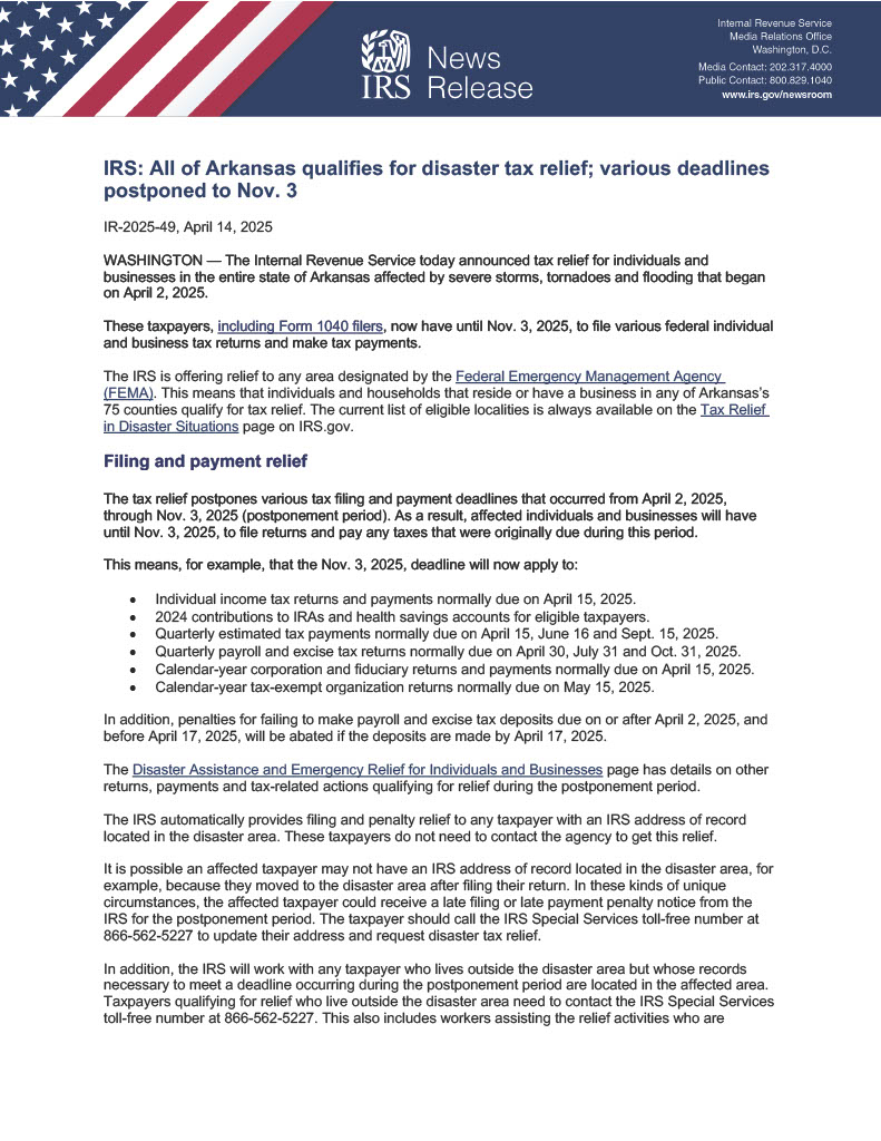 IRS: All of Arkansas qualifies for disaster tax relief; various deadlines postponed to Nov. 3